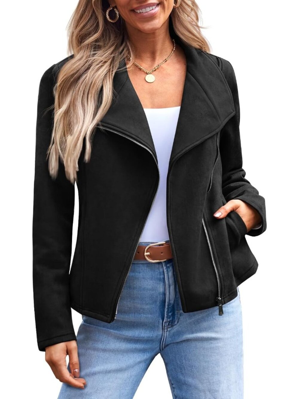 Women's Black Faux Suede Leather Lightweight Fall Jackets Versatile Jackets